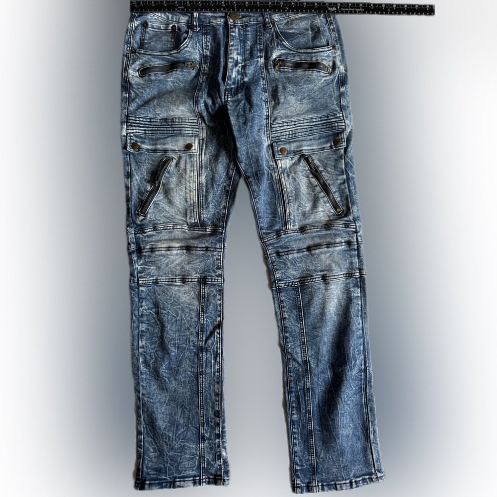 Light Blue Rocker Jeans w/ Zippers & Cargo Pockets – Modern Grey Earth Style